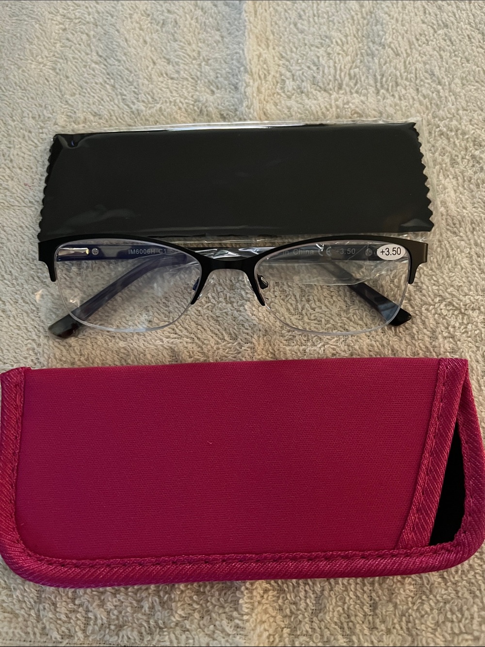 3.50 Diopter Half Rim Reading Glasses with Case and Cleaning Cloth